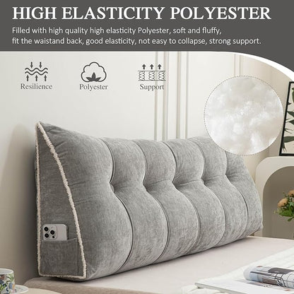 Headboard Pillow Queen, Chenille Triangular Wedge Pillow Headboard Queen Size, Reading Setting Backrest Daybed Pillows for Sofa Bed with Removable Cover, Grey