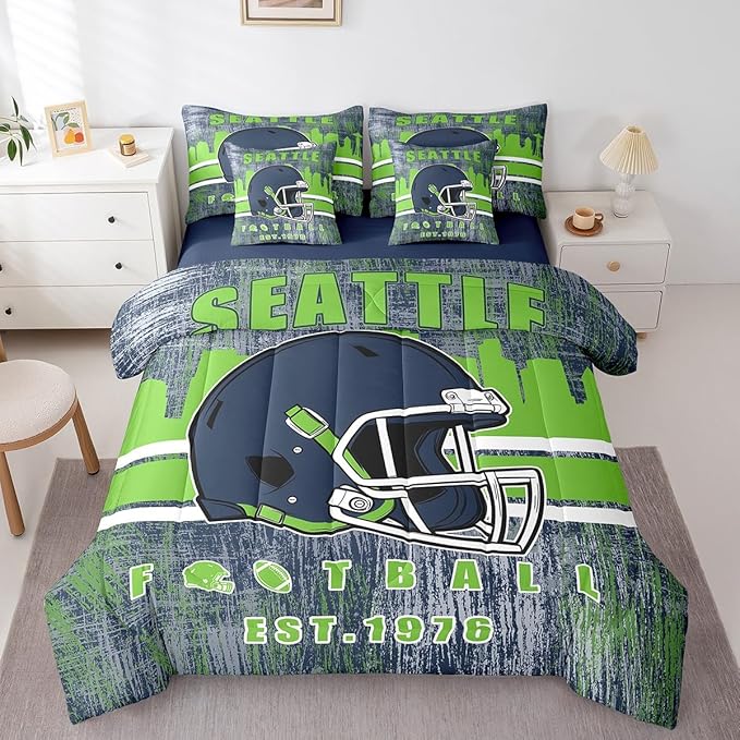 Erosebridal Football City Bedding Set Classic Sports Helmet Boys Bed in A Bag Full, Rugby Fans Comforter Sets with Sheets for Boys Gridiron Seasonal Bed Set Navy Green Room Decor
