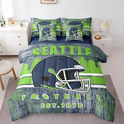 Erosebridal Football City Bedding Set Classic Sports Helmet Boys Bed in A Bag Full, Rugby Fans Comforter Sets with Sheets for Boys Gridiron Seasonal Bed Set Navy Green Room Decor