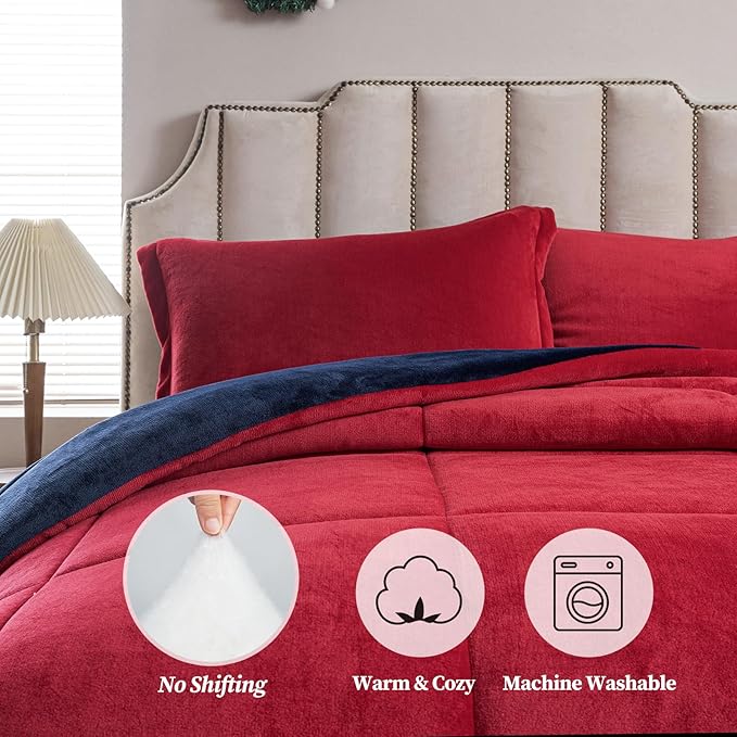Petrichor Velvet Flannel King Comforter Set- Red and Navy Blanket,Luxury Fuzzy Heavy Bedding Set, 3 Pieces Plush Winter Bed Set with Comforter (90"x104") & 2 Pillow Shams (20"x36")