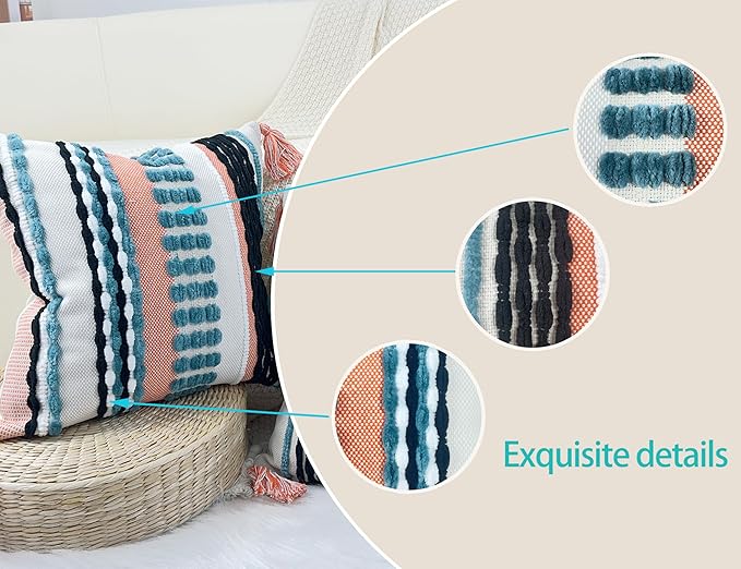 Boho Throw Pillow Covers 16x16 Aesthetic Neutral Boucle Couch Pillow Cover Rainbow Striped Decorative Accent Pillow Case for Couch Bed Sofa Farmhouse Bedroom,Modern Funky,Set of 2 Turquoise