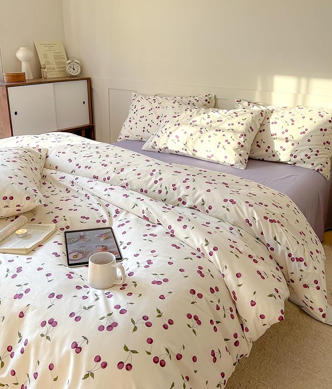 AOJIM Cherry Printed Duvet Cover Set for Kids Adults, Soft 100% Cotton Cute Bedding, Aesthetic Room Decor Comforter Cover with Fruit Motifs, Quilt Cover 3 Pieces (Twin Size), No Comforter