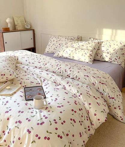 AOJIM Cherry Pattern Duvet Cover Set, 100% Cotton Cute Bedding Comforter Cover with Fruit Motifs, Aesthetic Quilt Cover Set 3pcs, 1 Queen Size Comforter Cover and 2 Matching Pillowcases, No Comforter