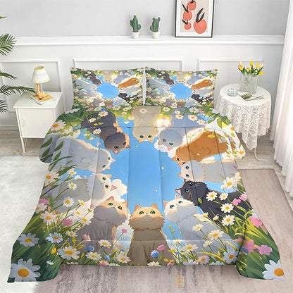 Cat Comforter Set Twin: Cute Floral Cats Bedding Set Blue Sky Daisy Kitten Quilt for Girls Kids Teens Toddler Kawaii Flowers Feline Bed Sets 1 Comforter & 1 Pillowcase