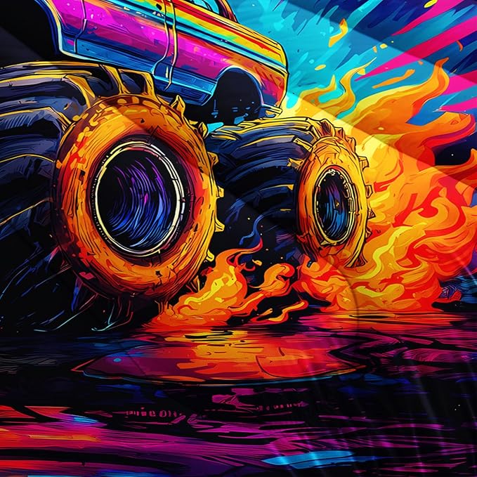 Cool Monster Truck Comforter Set Queen Size,Colorful Racing with Flame Bedding for Kids Boys Teens Room Decor,Cartoon Cars Sport Themed Bedding Sets with 2 Pillowcases.