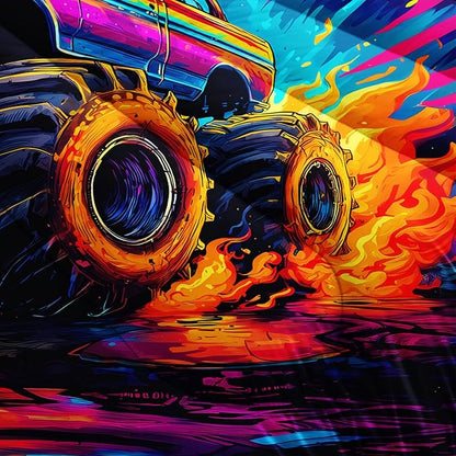 Cool Monster Truck Comforter Set Full Size,Colorful Racing with Flame Bedding for Kids Boys Teens Room Decor,Cartoon Cars Sport Themed Bedding Sets with 2 Pillowcases.
