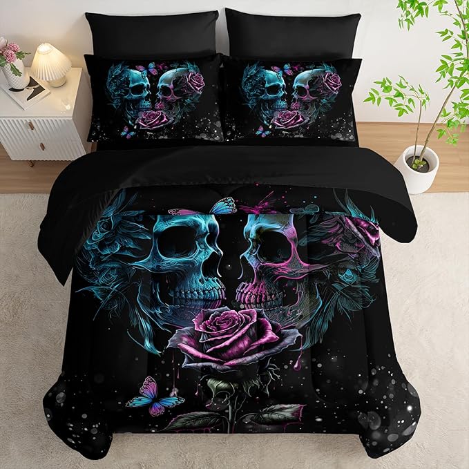 Black Skull Comforter Set 7 Piece Twin Size Bed in A Bag,Goth Bedding for Room Decor,Soft Western Comforter Boho Hippie Bedding with Fitted Sheet,Flat Sheet, Pillowcases & Shams
