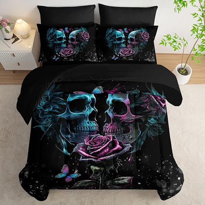 Black Skull Comforter Set 7 Piece Twin Size Bed in A Bag,Goth Bedding for Room Decor,Soft Western Comforter Boho Hippie Bedding with Fitted Sheet,Flat Sheet, Pillowcases & Shams