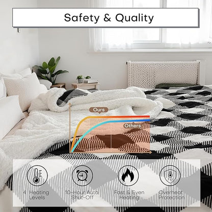 Electric Heated Blanket 50"x60" Throw Size, Flannel, Machine Washable 4 Heat Settings & 10 Hours Auto Off - Striped Check