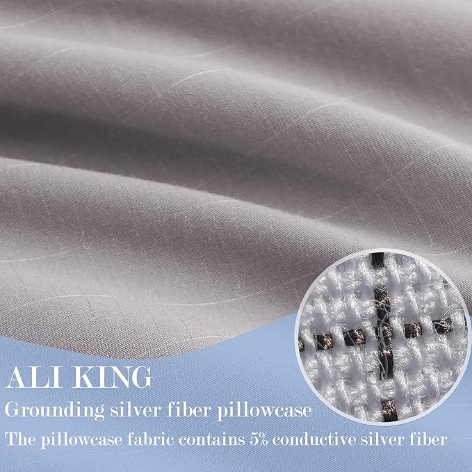 Ali King Grounding Pillowcase, 5% Pure Silver Fiber + 95% Soft Cotton Queen Size Earth Grounding Pillow Cases with Grounding Cord for Improve Sleep (Dark Grey, Queen (20x30inches))