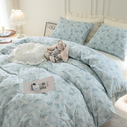 Floral Queen Duvet Cover, 100% Brushed Microfiber 3-Piece Queen Bedding Set, Blue Garden Style Floral Pattern with Zipper Closure