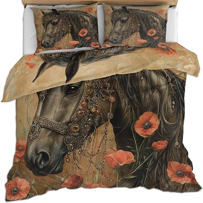 Horse Duvet Cover California King, Poppy Fields Horses Bedding Set 3 Piece Bedroom Decor Vintage Rural Farmhouse Comforter Cover with Zipper Ties & 2 Pillowcases