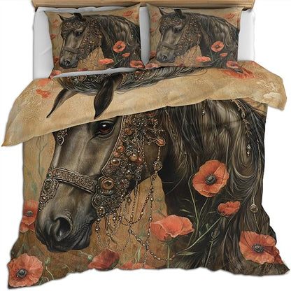 Horse Duvet Cover Twin Poppy Fields Horses Bedding Set 2 Piece for Kids Bedroom Vintage Rural Farmhouse Comforter Cover with Zipper Ties & 1 Pillowcases