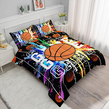 Cartoon Basketball Printed Comforter Set Ball Sports Bedding Set with 1 Comforter and 2 Pillowcases for Boys and Girls Bedroom All Season(Basketball-2 Queen)
