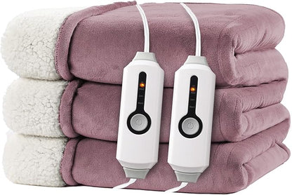 Electric Heated Blanket King Size 90"x100" - Dual-Sided with Microplush & Sherpa Fabric, 4 Heat Settings & 10 Hours Auto Off, Dual Controller, Machine Washable - Berry