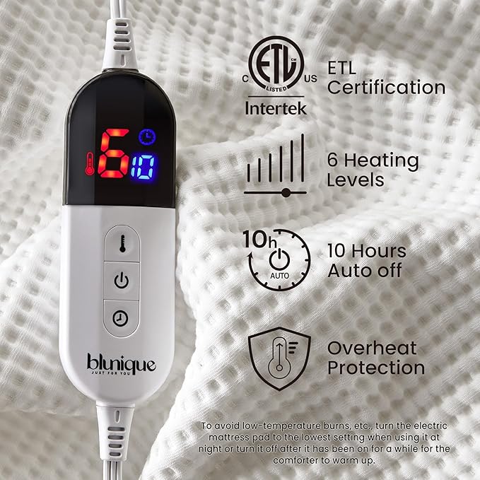 Electric Heated Mattress Pad Twin Size Single Control Bed Warmer, Deep Pocket, Side Storage Pouch for Controller, Machine Washable, Waffle Jacquard, 39"x75", White