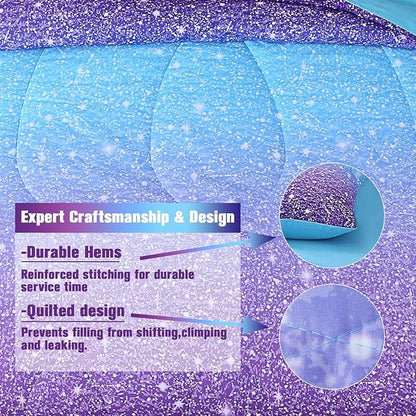 6Pcs Glitter Comforter Set with Sheets for Teens Girls Kids, Colorful Gradient Glitter Themed Bed in a Bag Full Size, Blue Purple 3D Sparkly Galaxy Bedroom Decor Bedding Set