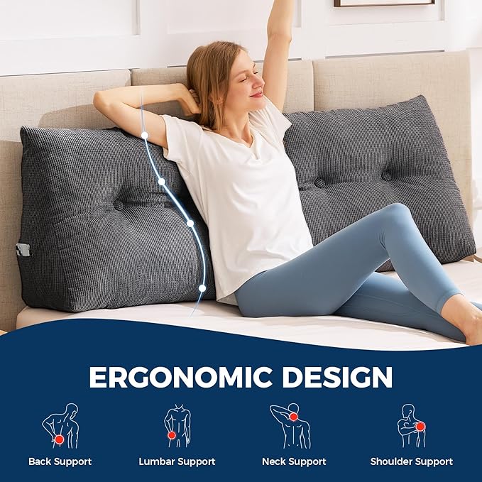 Headboard Pillow Queen, Triangle Pillows for Headboard, Head Board Backrest Wedge Pillow for Reading Sitting Working, Daybed Pillows with Removable Cover for Bed Dorm Sofa, Black