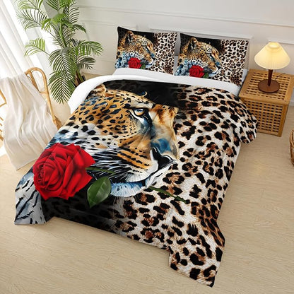 Red Rose and Leopard Comforter Set Queen for Boys,Brown Wild Animal Theme Bedding Set,3D Cheetah Quilt Set,Flowers Leopard Print Comforter Safari Animals Bed Set Bedroom Decor