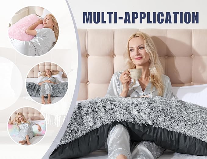 Fluffy Full Body Pillow for Adults 20x54 Long Big Body Pillow Cover Pillowcase with Memory Foam for bed Grey Pregnancy Cuddle Snuggles Body Pillows for Sleeping Side Sleeper Pillows for Adults