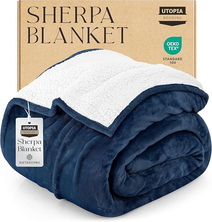 Utopia Bedding Sherpa Blanket Queen Size (Navy, 90x90 Inches) - Soft Lightweight Plush Fleece Reversible Blanket for Bed, Sofa, Couch, Camping and Travel