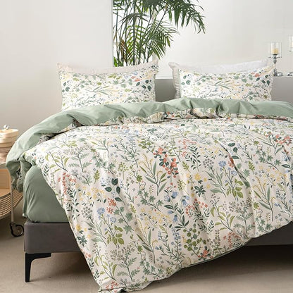 Floral Twin Duvet Cover 100% Soft Cotton 3 Pieces Flower Bedding Set for Girls Fresh Chic Garden Style Green Botanical Floral Pattern Printed Twin Flower Duvet Cover, with Zipper Closure