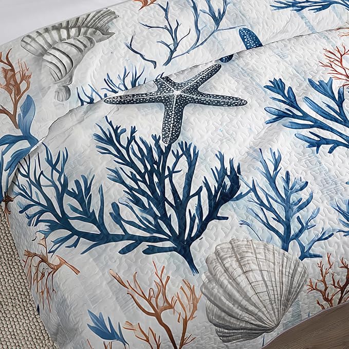 Starfish Coastal Bedding Quilt Sets Queen Size,Summer Shell Blue Coral Nautical Bedding Quilt with 2 Pillowcases,Beach Themed Soft Lightweight Quilted Set.