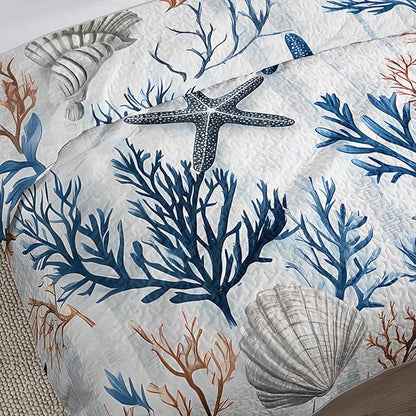 Starfish Coastal Bedding Quilt Sets King Size,Summer Shell Blue Coral Nautical Bedding Quilt with 2 Pillowcases,Beach Themed Soft Lightweight Quilted Set.