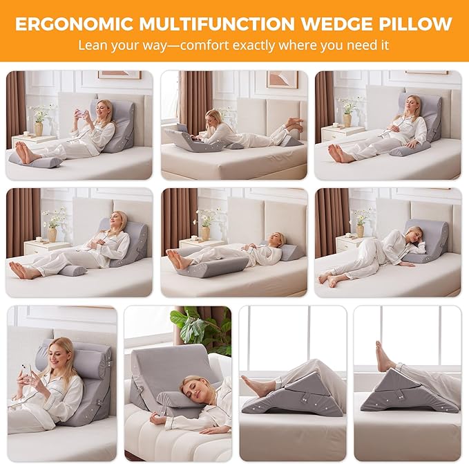 3PCS Wedge Pillow Set for After Surgery, 10-in-1 Adjustable Wedge Pillow for Acid Reflux Relief, Bed Wedge Pillows for Sleeping, Snoring & Back Pain Relief, Sit up Pillow for Bed, Plush Grey