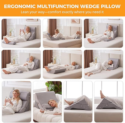 3PCS Wedge Pillow Set for After Surgery, 10-in-1 Adjustable Wedge Pillow for Acid Reflux Relief, Bed Wedge Pillows for Sleeping, Snoring & Back Pain Relief, Sit up Pillow for Bed, Plush Grey