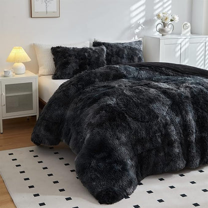 Wajade Faux Fur Plush Tie Dye Black Comforter Set Fluffy Fuzzy Shaggy Bedding Set - 3PC Full Size Microfiber Soft Warm Quilt Set