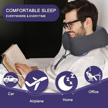 napfun Neck Pillow for Traveling, Upgraded Travel Neck Pillow for Airplane 100% Pure Memory Foam Travel Pillow for Flight Headrest Sleep, Portable Plane Accessories, Simple Sets (Optional), Full Black