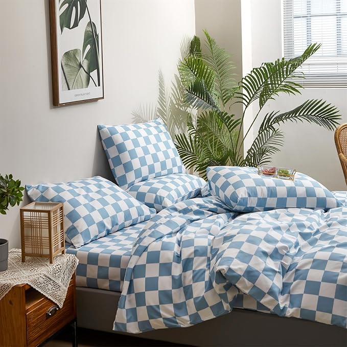 Wellboo Blue White Plaid Comforter Sets King Women Men Light Blue and White Checkerboard Grid Bedding Comforters Cotton Boys Girls Modern Dusty Blue Checkered Geometric Quilts Luxury Sky Blue Bed