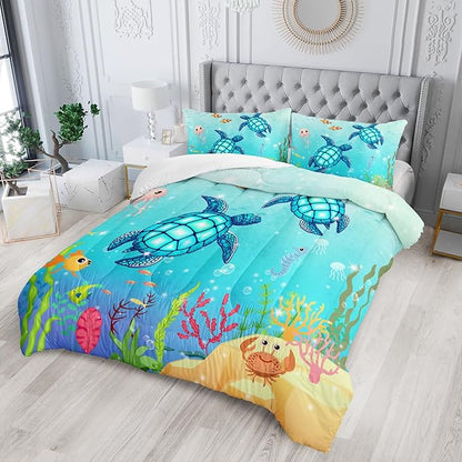 Turtle Comforter Set Twin Ocean Watercolor Sea Turtle Bedding Set Nautical Sea Animal Reptile Bed Set with 2 Pillowcases for Kids Room Decor