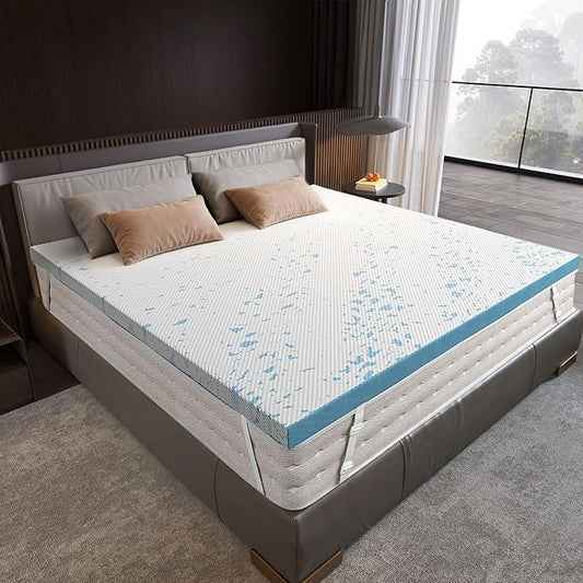 OhGeni Medium Feel King Size Cooling Gel Memory Foam Mattress Topper Pad, Washable Bed Cover with Anti-Slip Base & Zipper,Fits 6"-19" Mattresses with Straps,Extra Comfort for Sleep &Back Pain Relief