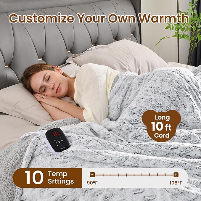 Bearhug Electric Blanket Full Size 77" x 84", 10 Heat Settings Heated Blanket, 1-12 Hour Auto Shut-Off, Faux Fur & Sherpa Dual-Sided Heating Blanket, Machine Washable, Gift-Ready Elegant Packaging