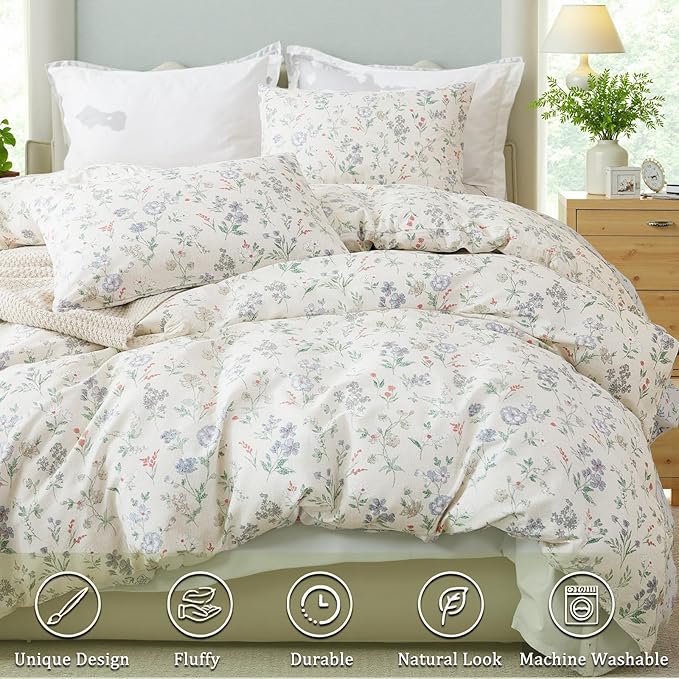 Floral Duvet Cover Set Twin Size 100% Cotton Green Floral Comforter Cover 2 Pcs Lightweight Soft Aesthetic Floral Bedding Sets