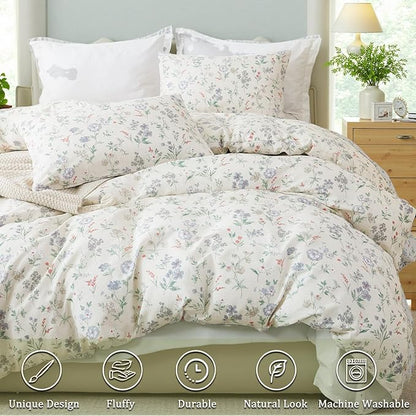 Floral Duvet Cover Set Full Size 100% Cotton Green Floral Comforter Cover 3 Pcs Lightweight Soft Aesthetic Floral Bedding Sets