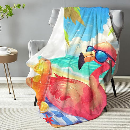 Summer Flamingo Blanket,Tropical Style Decorative Throw with Animal and Beach Ocean Scene,Nautical Lightweight Flannel Blankets for Bed Cabin Office,Coastal Gifts for Sea Lovers 50"x60"