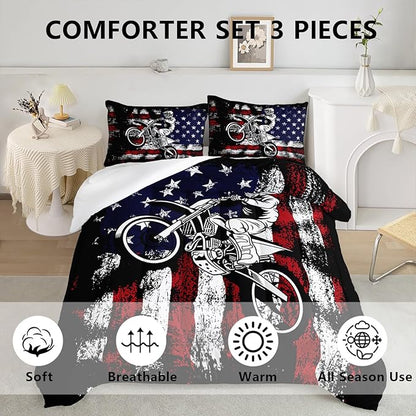 Axolotl Dirt Bike Comforter Set King,American Flag Bedding Set,Motocross Comforter for Boys,White Red Stripes Stars Comforter,Motorcycle Racer Bedding for Kids Teens Men,1 Quilt 2 Pillowcases
