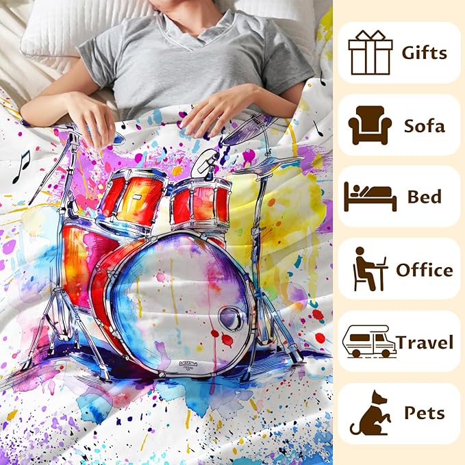 Music Blanket for Kids Teens Adults, 60x80 Inches Drum Kit Throw Blanket Gifts for Music Enthusiast Drummer Boys Girls, Cute Soft Fuzzy Flannel Music Themed Blanket Decor for Couch Sofa Bed