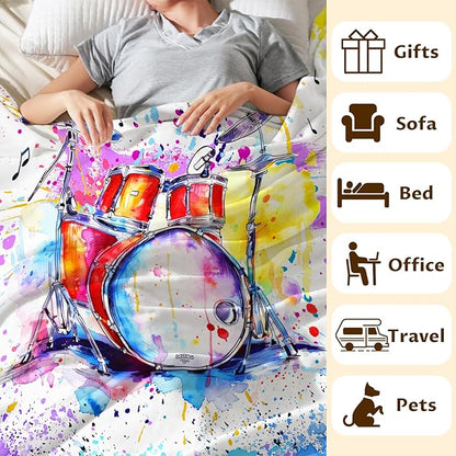Music Blanket for Kids Teens Adults, 50x60 Inches Drum Kit Throw Blanket Gifts for Music Enthusiast Drummer Boys Girls, Cute Soft Fuzzy Flannel Music Themed Blanket Decor for Couch Sofa Bed