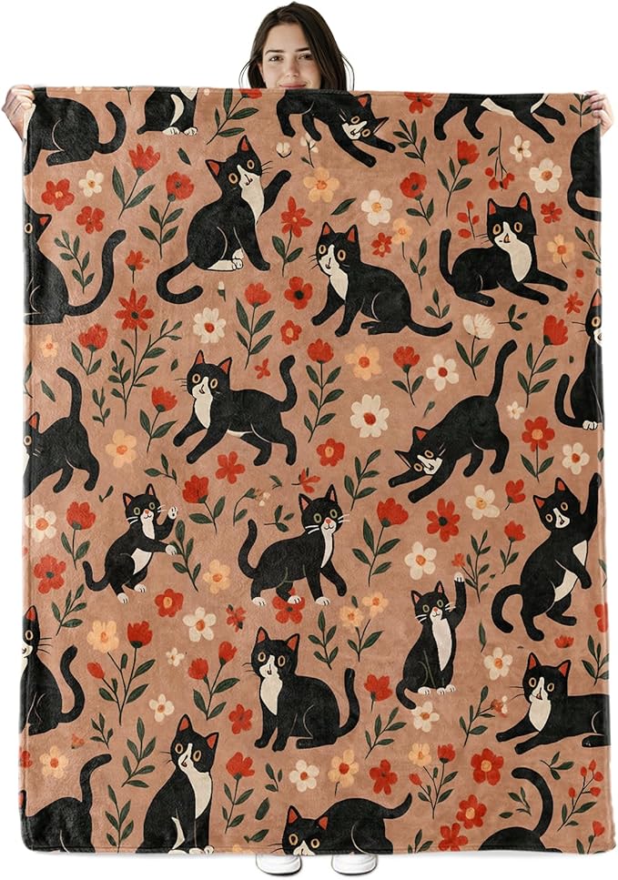 Black Cat Floral Blanket Gifts for Boys Girls Kids, Cute Kitten and Red Flower Warm Soft Flannel Throw Blankets for Travel, Sofa, Living Room, Bedroom Decor, 60x80 in