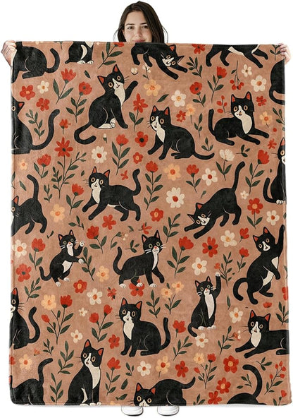 Black Cat Floral Blanket Gifts for Boys Girls Kids, Cute Kitten and Red Flower Warm Soft Flannel Throw Blankets for Travel, Sofa, Living Room, Bedroom Decor, 60x80 in