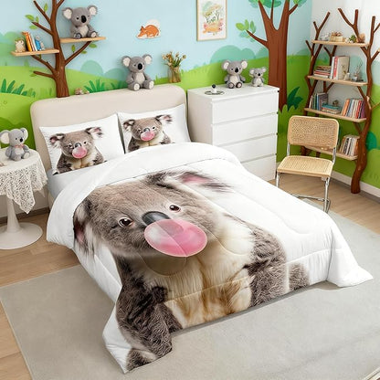 3D Koala King Size Comforter Set,Kids Koala Blowing Bubbles Decor All Season Bedding Set,Teens Wild Animals Comforter,Girls Cute Animal Decor Quilt Set Bedroom Collection 3Pcs