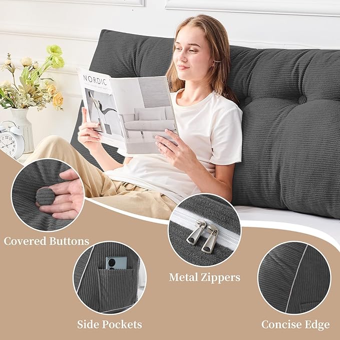 Sasttie Headboard Pillow Twin/Twin XL, Wedge Pillow Headboard for Dorm, Triangular Daybed Backrest Cushion for Sitting or Reading in Bed, with Removable Washable Cover, Dark Grey