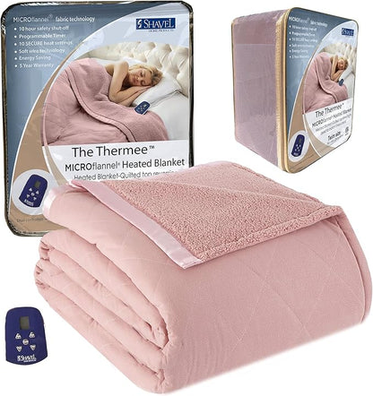 Thermee Micro Flannel Heated Blanket with Sherpa back, 10-Setting Electric Blanket Twin Size, Programmable Heating Blanket, Ultra-Soft Heated Throw Blanket, Fast Heating Thermal Blanket - Blush
