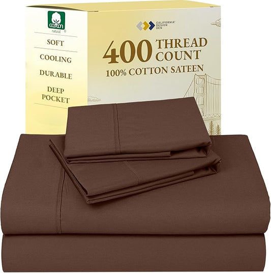 California Design Den Full Size Bed Sheets Set - Soft 400 Thread Count Sateen, Natural 100% Cotton Sheets with Deep Pockets, Breathable, and Durable Bedding Set - Espresso Chocolate Brown