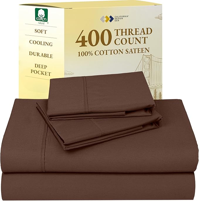 California Design Den Natural 100% Cotton King Size Sheets Set - Soft 400 Thread Count Sateen, Deep Pocket Bed Sheets, Breathable, and Durable Bedding Set - Espresso Chocolate Brown