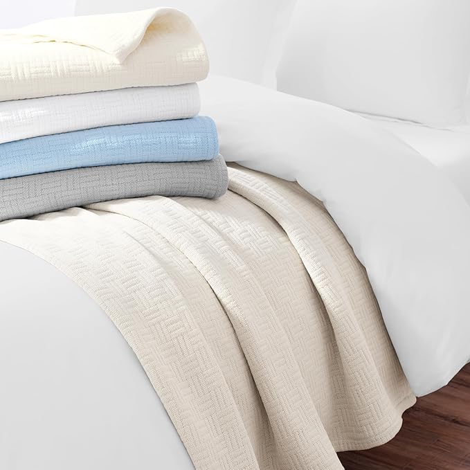 Arkwright Basket Weave Queen Blanket - Case of 4-100% Ringspun Cotton All Season Blankets, Luxury Hotel Quality, Soft on Skin, Breathable, 300 GSM for Bed, Sofa, and Chair, 90 X 90 in, Beige